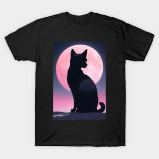 Black cat in pink moon T-Shirt